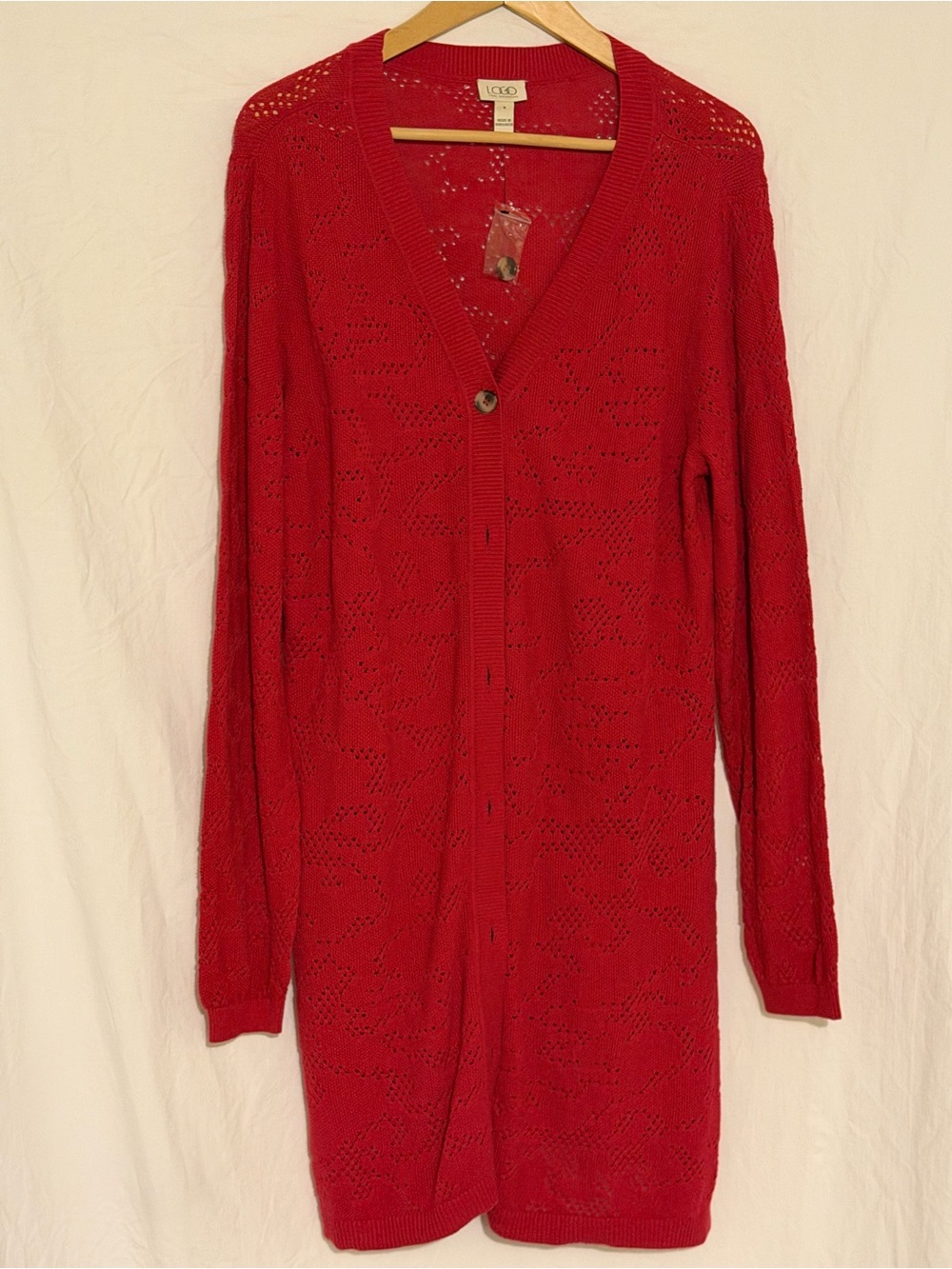 NWOT LOGO by Lori Goldstein Women's Pointelle GrandmaCORE Long Cardigan Sz M